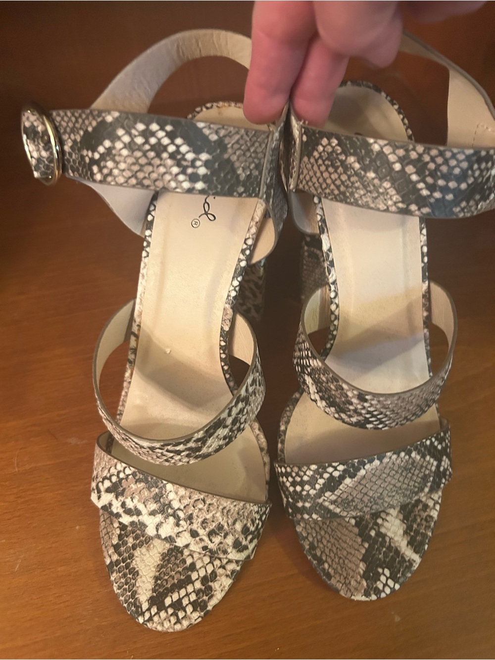 Qupid Neutral Snake-Print Strappy Heel Sandals